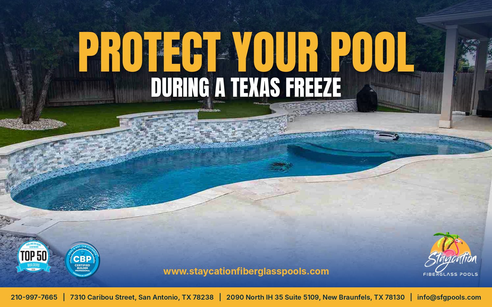 Protect Your Pool During a Texas Freeze: freeform fiberglass pool with a tile waterline by Staycation Fiberglass Pools
