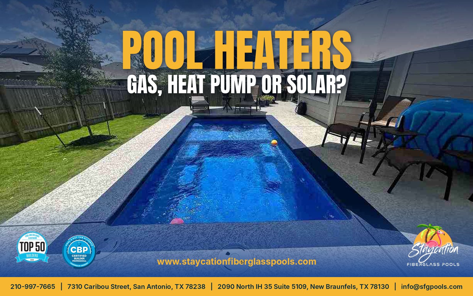 Pool Heaters: Gas, Heat Pump or Solar? Rectangular fiberglass pool with patio seating by Staycation Fiberglass Pools