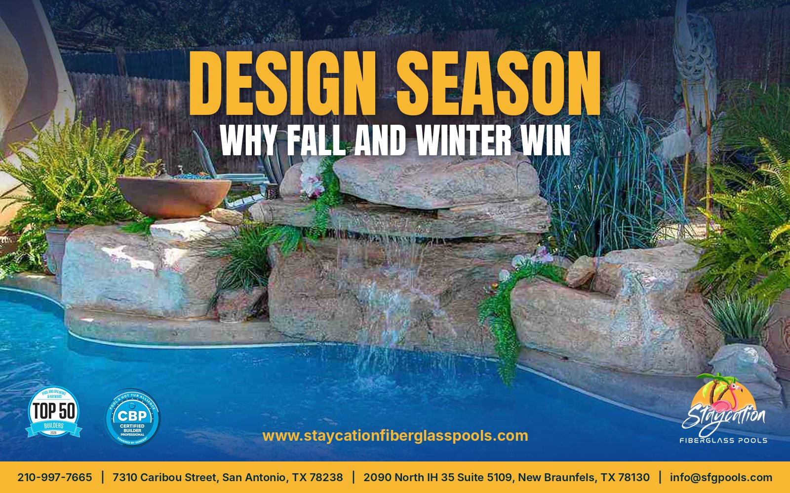 Design Season: Why Fall and Winter Win. Freeform fiberglass pool with a rock waterfall, fire bowls and lush landscaping by Staycation Fiberglass Pools